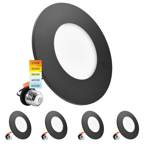 Luxrite 3-4 Inch LED Flush Mount & Recessed Light 5CCT 650LM Dimmable J-Box or 4 Recessed Can Black, 4PK LR24980 LR24983-4PK - main